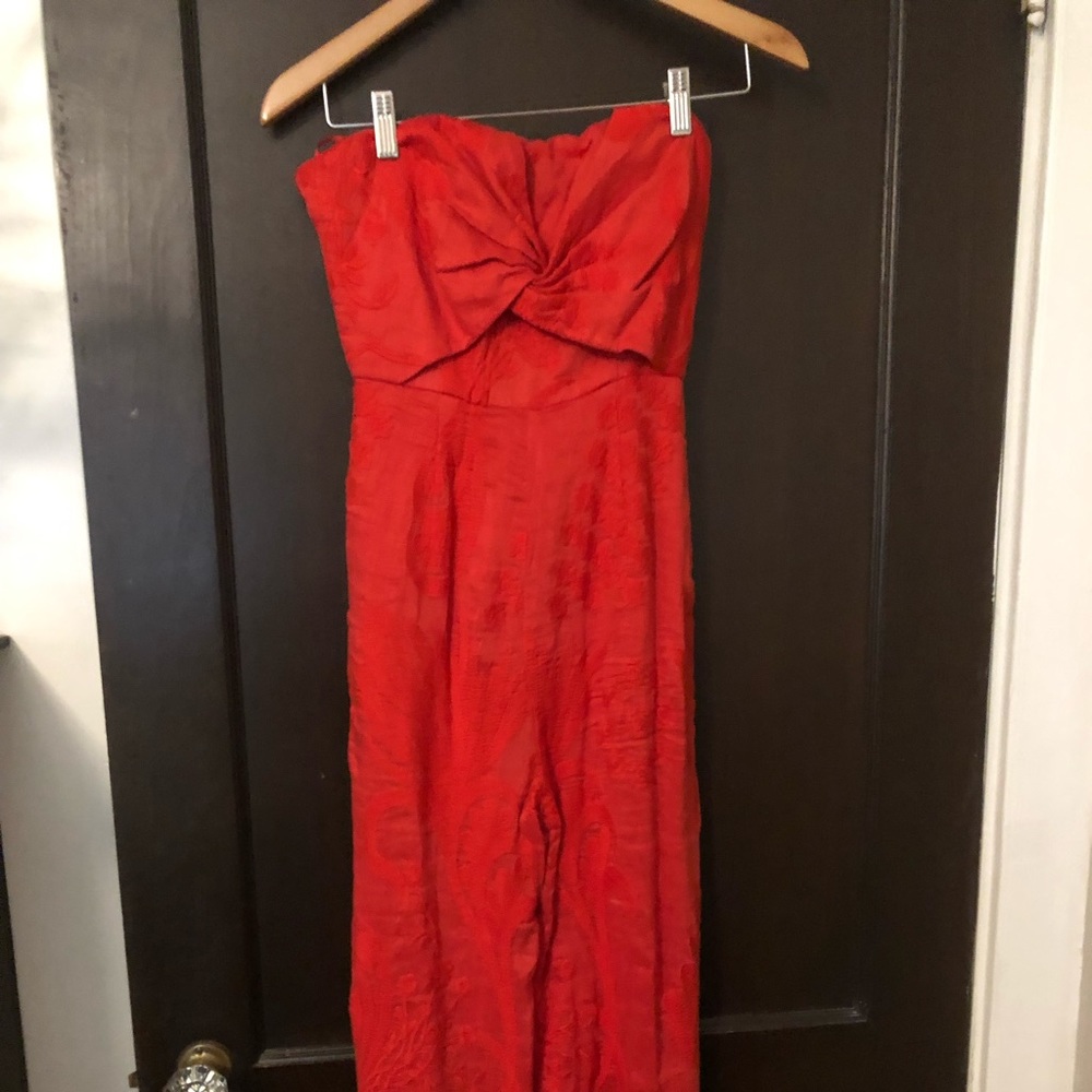 Anthro red strapless jumpsuit